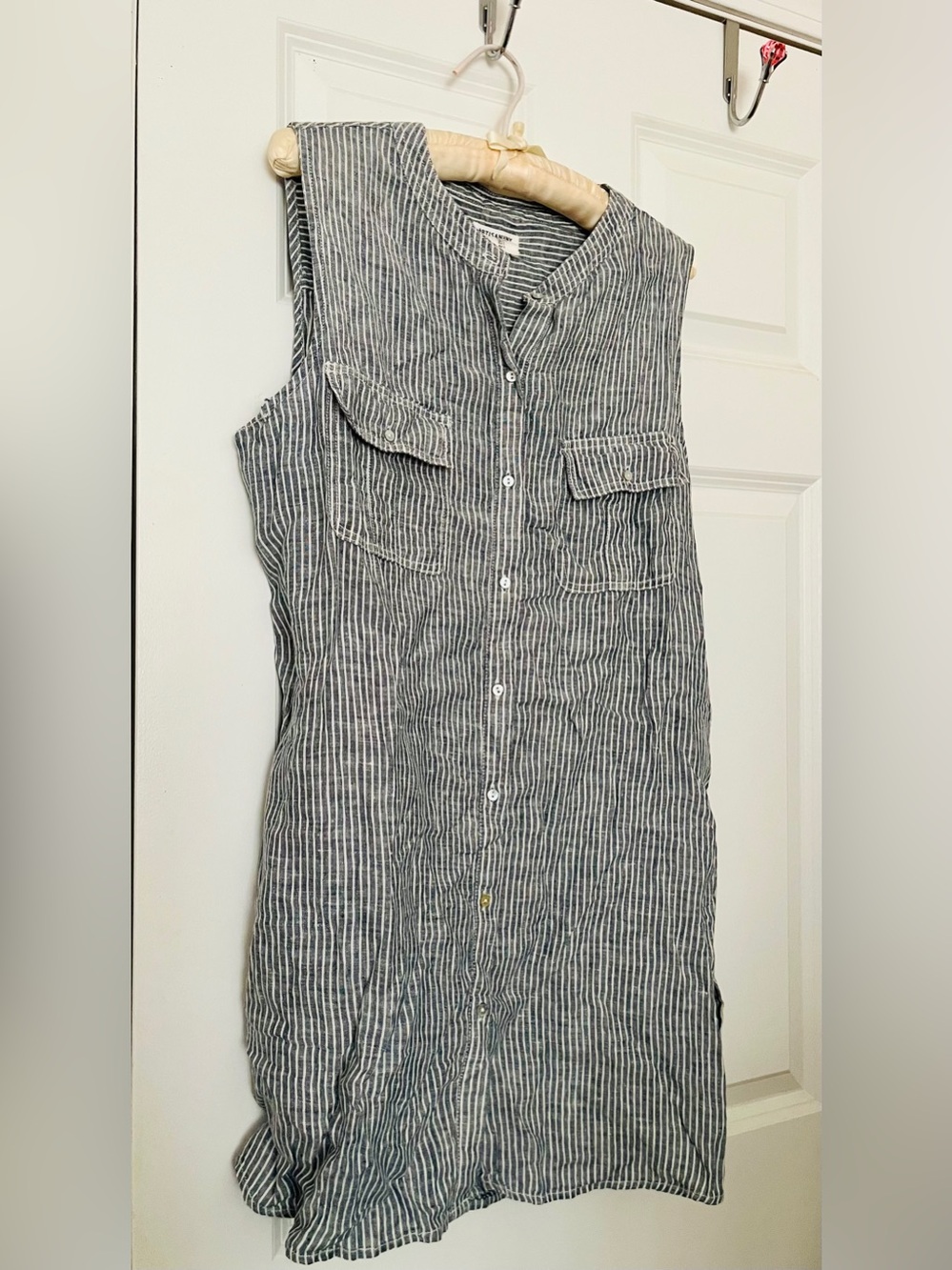 Artisan NY Sleeveless Striped Linen Dress - Gray/White Shell Buttons Down Front